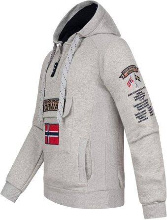 Чоловіча толстовка на блискавці з капюшоном Geographical Norway Gymclass, світло-сіра, теплий світшот з кишенею-кенгуру, розмір XXL