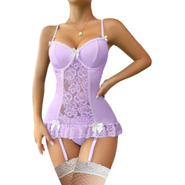 Сексуальний жіночий комплект білизни з мереживом: боді з глибоким вирізом, поясом-стріжкою, бандаж, під піджак, мереживний бюстгальтер та мереживні панчохи (Lila, L)