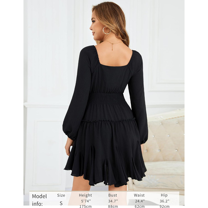 Сукня жіноча Beluring з довгим рукавом, квадратний виріз, висока талія, міні, бавовна, чорна