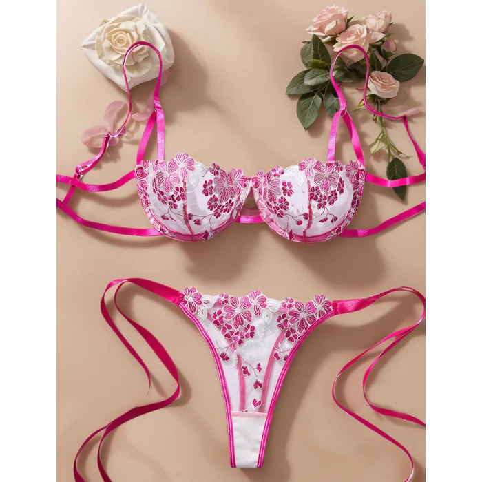 AEAU Комплект жіночої білизни: мереживний бюстгальтер та танга, прозорий, push-up, мереживний, квітковий, бралетта, S-XL (Рожевий, XL)