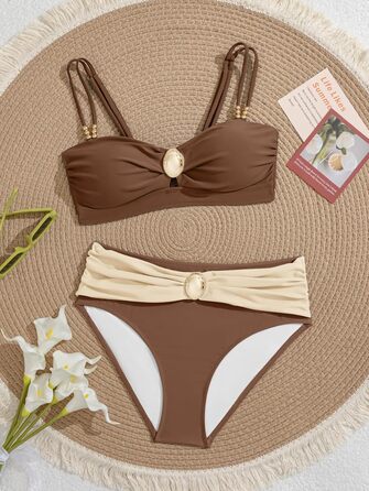 Бікіні жіноче двочастинне, спортивне, з V-подібним вирізом, колір блоку, з регульованими бретелями, коричневе, бежеве, розмір B M