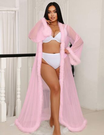 Жіночий халат з пір'ям Ohyeahlady: сексуальний кімоно, довгий, прозорий, мереживний, великі розміри 3XL-4XL, рожевий