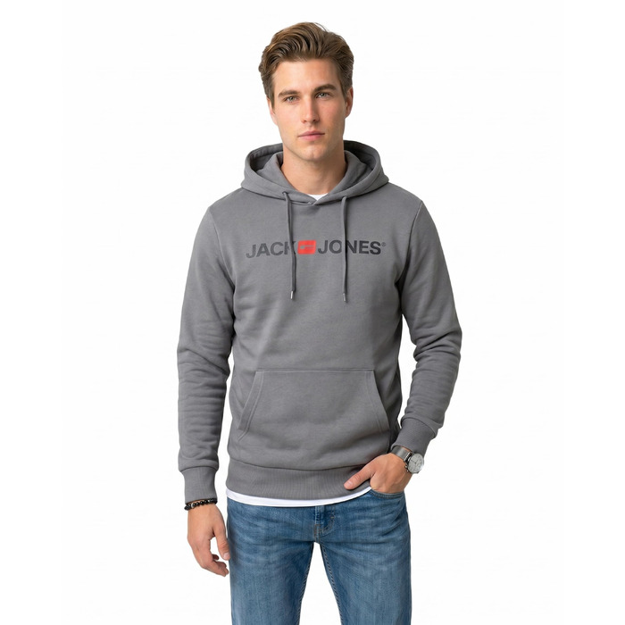Чоловічий худі Jack & Jones Regular Fit JJEADRIAN з великим принтом на спині, сірий (Sedona Gray)