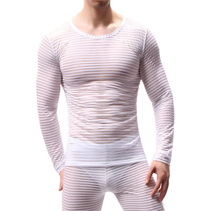 Чоловіча футболка з довгим рукавом, прозора, в смужку, білий колір