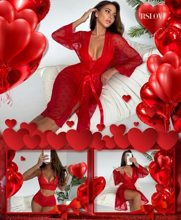 Комплект нижньої білизни RSLOVE для жінок, 3 частини: мереживний кімоно, бюстгальтер та труси, червоний, розмір M