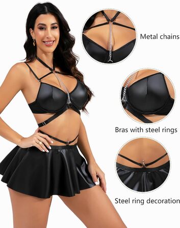 Елегантний костюм Evelife з чорного штучної шкіри: міні-сукня та бюстгальтер push-up з металевим ланцюжком. Ідеально для вечірок, клубів та тематичних заходів. Розмір M.