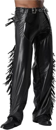 Чоловічі шкіряні лосини з ефектом мокрого блиску, відкриті штани, косплей каубой, чaps, лосини з бахромою, еротичні, чорні, 3XL