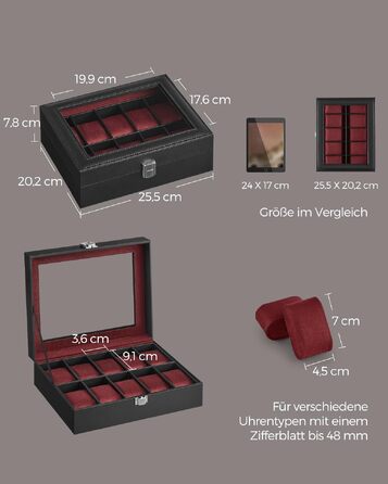Бокс для годинників SONGMICS на 10 слотів зі скляною кришкою, PU-шкіра, оксамитове покриття та знімними подушками, чорний/винний JWB010BK