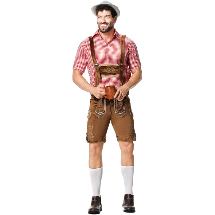 Традиційний костюм для чоловіків RUMAOZIA: повний комплект (ледерхоза, сорочка, латкова штани) для Октоберфесту, тематична вечірка, коричневий, розмір M