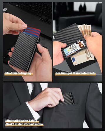 Чоловічий шкіряний картхолдер dwnkove Slim Wallet: смарт-гаманець з Pop-Up механізмом, RFID захистом, відділенням для монет та вікном для ID, Carbon Design