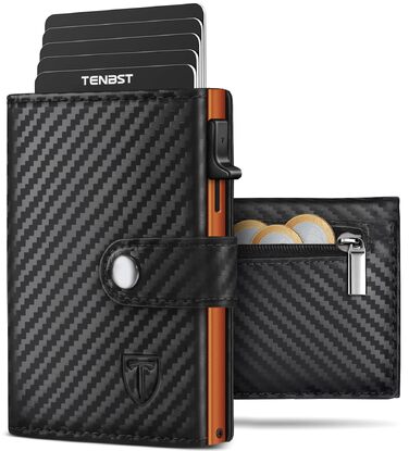 Чоловічий шкіряний гаманець TENBST з RFID-захистом та монетницею, компактний картхолдер на 10 відділень, чорний з помаранчевим