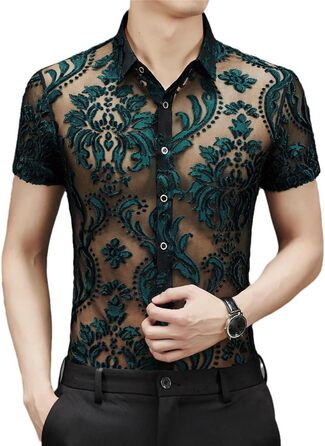 Прозора сорочка для чоловіків Yeuyyben: сексуальна сорочка з квітковим мереживом та сіткою, блакитна (XS, En8)