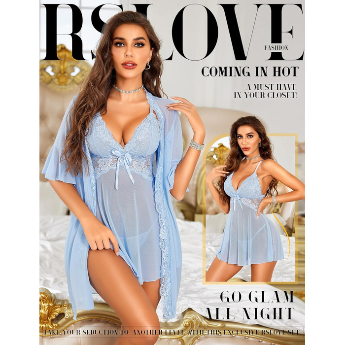 Халат жіночий мереживний RSLOVE, світло-блакитний, розмір L, для дому та відпочинку