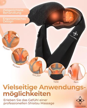 Електричний масажер для шиї та спини Shiatsu з функцією підігріву, ергономічний пристрій для зняття м'язової напруги та болю (Чорний)