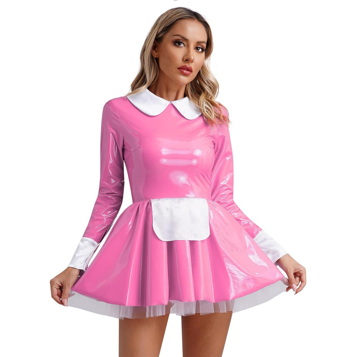 Демімейдова сукня Alvivi з ефектом вологого блиску, шкіряне міні-плаття, готичний стиль, костюм покоївки, карнавальний костюм, Хелловін, вечірка (XL, D Рожевий A)