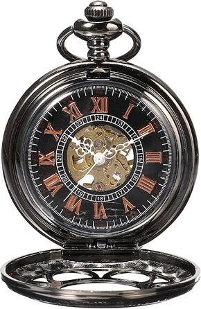 Чоловічий кишеньковий годинник ShoppeWatch з ланцюжком, механічний з ручним заводом, вінтажний стиль стімпанк (чорний)