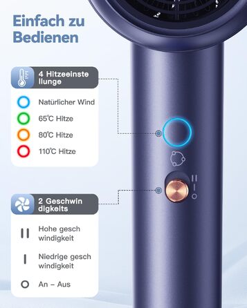 Іонний фен для волосся з дифузором 1800W, компактний дорожній стайлер з 3 режимами температури та 2 швидкостями, сірий/блакитний