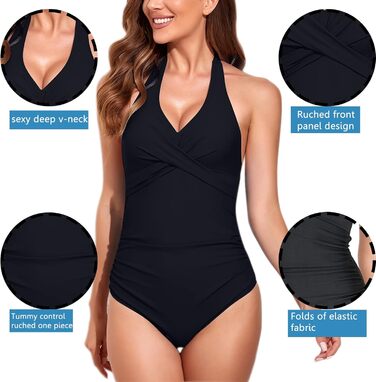 Чоловічий купальник з високою талією, суцільний, чорний, з підтримкою живота, спортивний, з V-подібним вирізом, знімні вкладиші, з рюшами, для схуднення