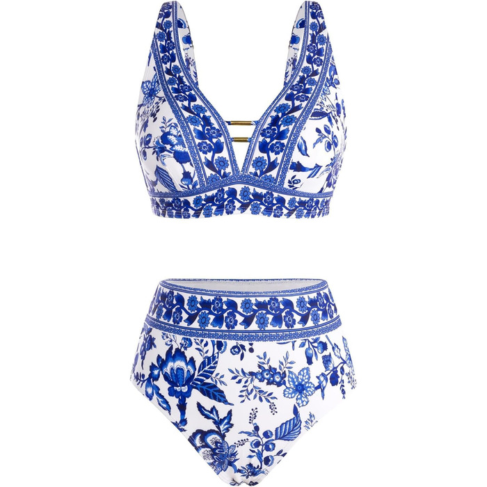 Бікіні Hanna Nikole з високою талією, блакитні квіти, розмір L. Купальник з вирізами, ефект push-up, двокомпонентний