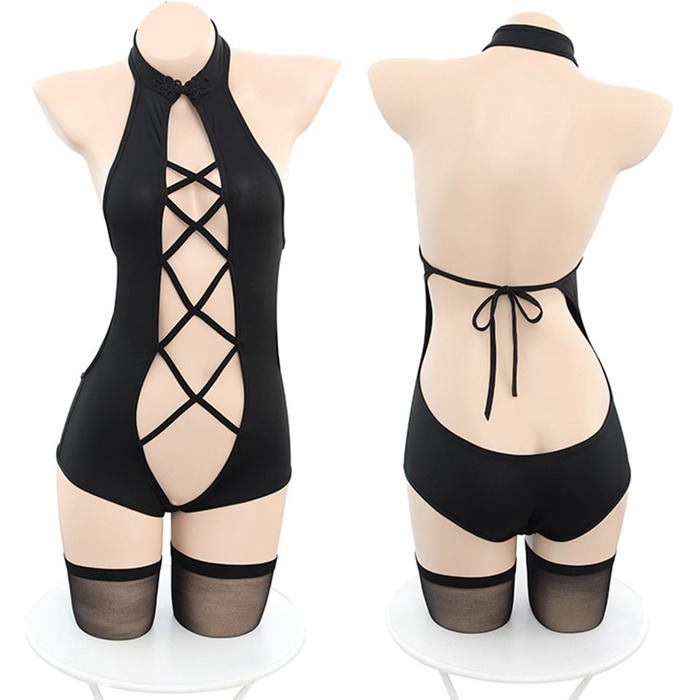 Японський жіночий купальник YOMORIO в стилі аніме, з вирізом, Чеонгсам, косплей, комбінезон, універсальний розмір, білий (універсальний розмір, чорний)