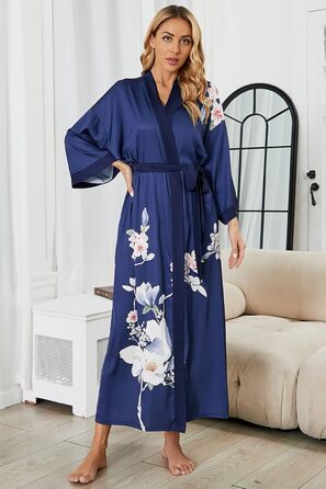 Жіночий шовковий халат-кімоно Moreone з квітковим принтом, довгий, нічна сорочка, атласний халат для нареченої та подружок нареченої (5-marine)
