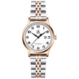 Жіночий класичний годинник SHENGKE SK Business у сріблясто-рожевому кольорі, сталевий браслет та шкіряний ремінець, елегантний аксесуар