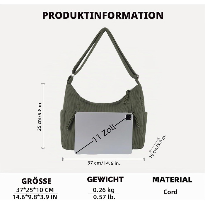 Жіноча сумка-шопер Cord Tote Bag: велика сумка через плече та хобо для школи та роботи, вельветова сумка з регульованим ременем (один розмір, зелена)