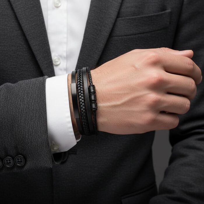 Шкіряний чоловічий браслет UNIQAL 'BLACK SHAPE' зі сталі та натуральної шкіри, 21 см, у подарунковій коробці, чорний
