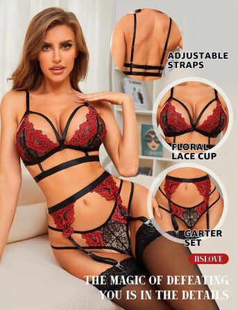 Комплект спідньої білизни RSLOVE для жінок: мереживний тіло, бюстгальтер та труси (чорний, червоний)
