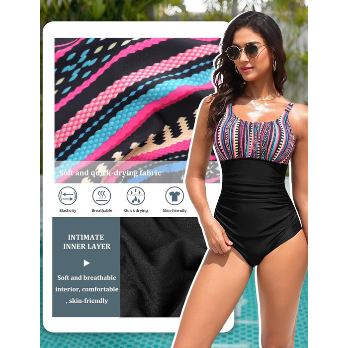 Купальник Vancavoo з пуш-ап, корегуючий, без спинки, з рюшами, пляжний, суцільний (M, Богема + Чорний)