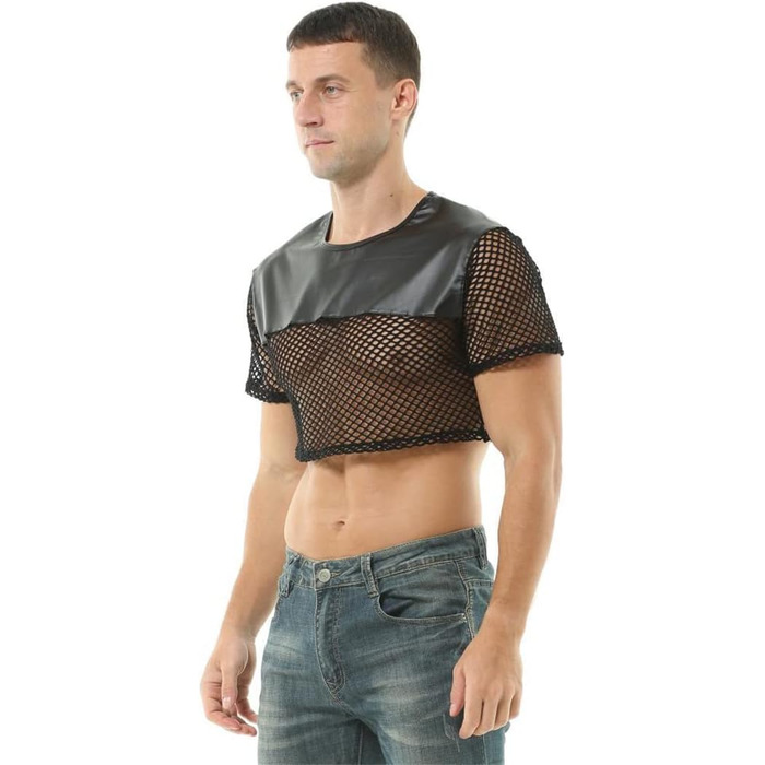 Чоловіча футболка з сітки та штучної шкіри - прозора, стильна