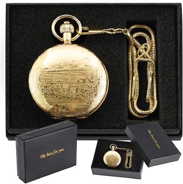 Скелетонний кишеньковий механічний годинник Tiong Vintage Steampunk з ланцюжком, римські цифри, золотий колір (45 Gold) — подарунковий набір з коробкою