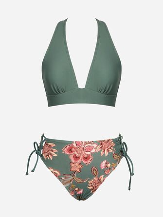 CUPSHE БІКІНІ Спортивний Роздільний Купальник з V-подібним вирізом, на зав'язках, низька талія, квітковий принт, оливковий колір, для жінок