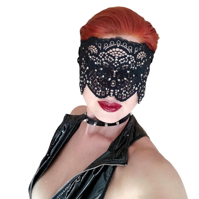 Чорна мереживна маска для жінок з чорними стразами, елегантна маска на пів обличчя, маска для маскараду та карнавалу, мереживна вечірня маска з гумкою (Чорний (білі стрази))