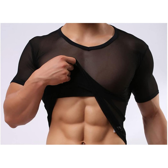 Чоловіча сексуальна прозора футболка з коротким рукавом, модна прозора білизна, футболка з сітки, прозора сорочка, нижня білизна, піжама, чорна, розмір M