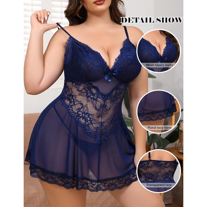 Babydoll з мереживом Alrovetoney для жінок великих розмірів (3XL, блакитний) - Нічна сорочка, Chemise, Neckholder