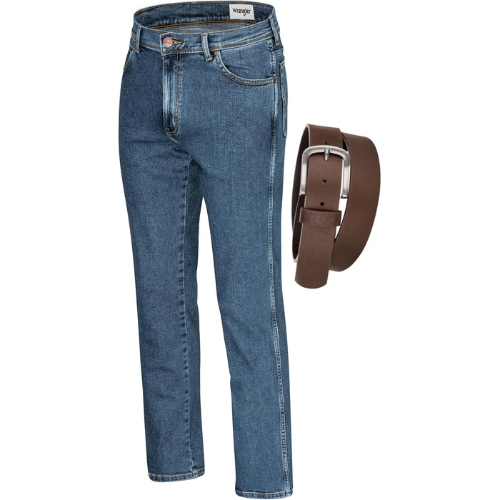 Чоловічі стрейч-джинси Wrangler Texas Regular Fit Authentic Straight (Stonewash) з коричневим ременем, розмір 50W / 32L