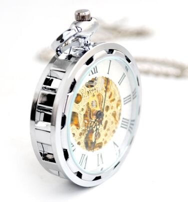 Чоловічий кишеньковий механічний годинник BOSHIYA Vintage Steampunk: скелетон, ручний завод, з підсвіткою та ланцюжком (Сріблястий)