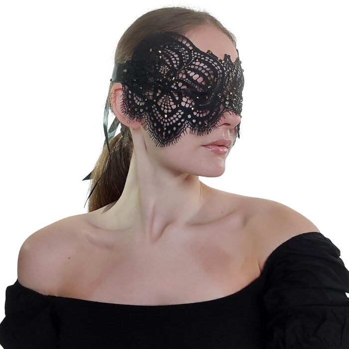 Чорна мереживна маска для жінок з блакитними стразами – венеціанська маска для маскарату, карнавалу, Хелловіну, вечірки, Фашинг, бал-маскарад, ручна робота, елегантна маска для очей (Чорний (блакитні стрази))