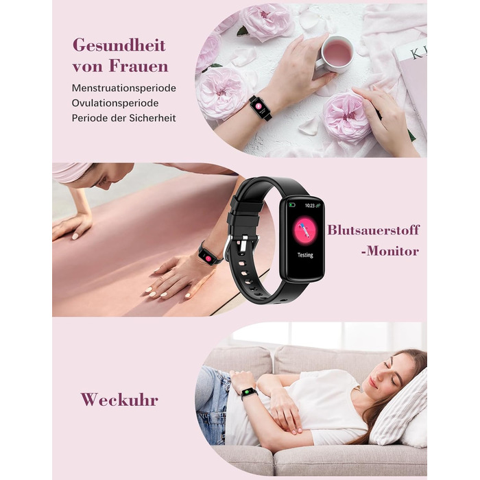 Смарт-годинник для жінок 1.47'' Fitness Tracker: моніторинг пульсу, SpO2, сну, крокомір, відстеження менструального циклу, сповіщення дзвінків та WhatsApp, сумісний з Android та iOS, чорний