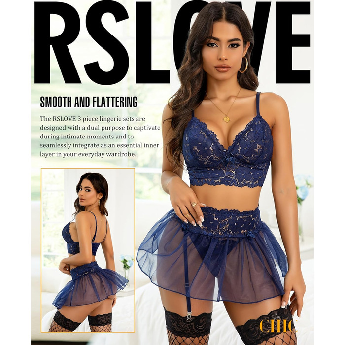 RSLOVE Сексуальна жіноча білизна - комплект із мереживної сорочки-бабочки, спідниці-міні з сітки та стрінгів, блакитний