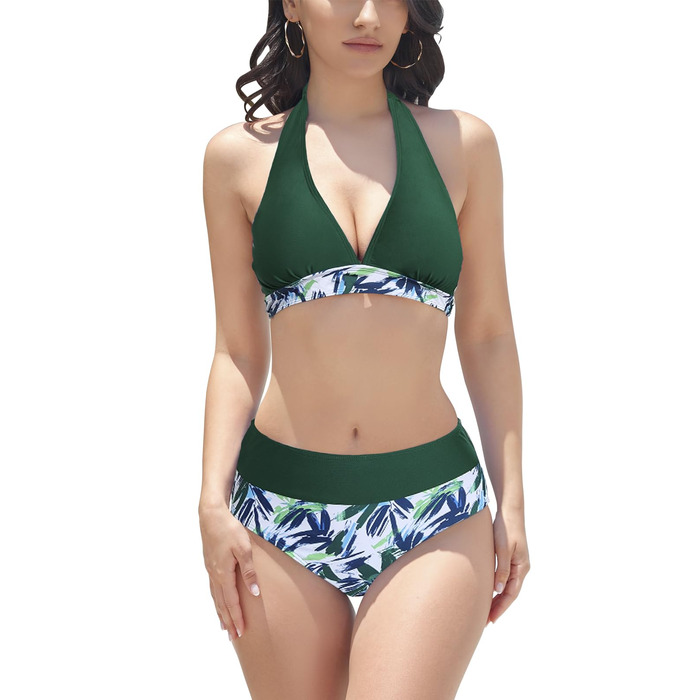 Купальник бікіні Daen Triangel Yellow Leon (XL, Green Foliage) з мереживом та зав'язками, пляжний