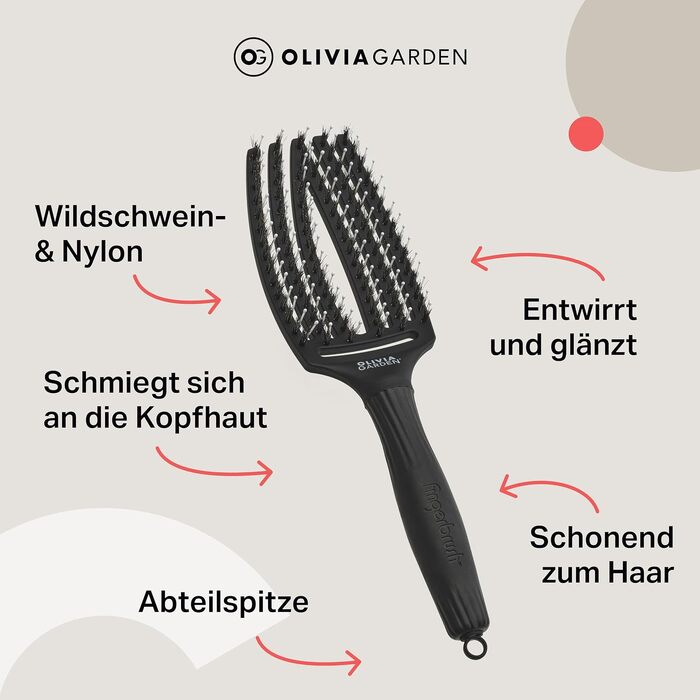 Іонізуюча щітка для волосся Olivia Garden Fingerbrush Combo (середня, 6 рядів) для сушіння, вирівнювання та догляду за середнім та довгим волоссям, з щетиною кабана та антистатичним нейлоном