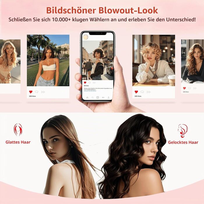 Мультифункціональний стайлер для волосся 6 в 1 UKLISS Air Styler Set: фен-щітка, локатор, випрямляч та дифузор, 1000 Вт, LCD-дисплей, колір Rose Gold
