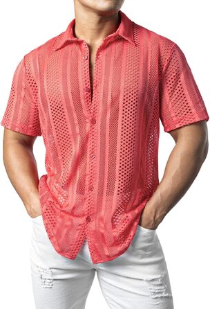 Чоловіча сорочка JOGA з мереживом, короткий рукав, для відпочинку, колір кораловий (XXL)