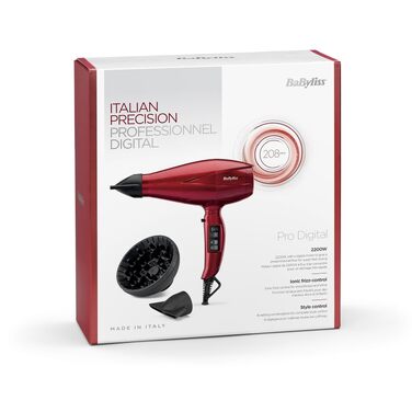 Професійний фен BaByliss Pro Digital 6001DE з дифузором, іонна технологія, 2200 Вт, 3 рівні температури та 4 режими потоку повітря, червоний