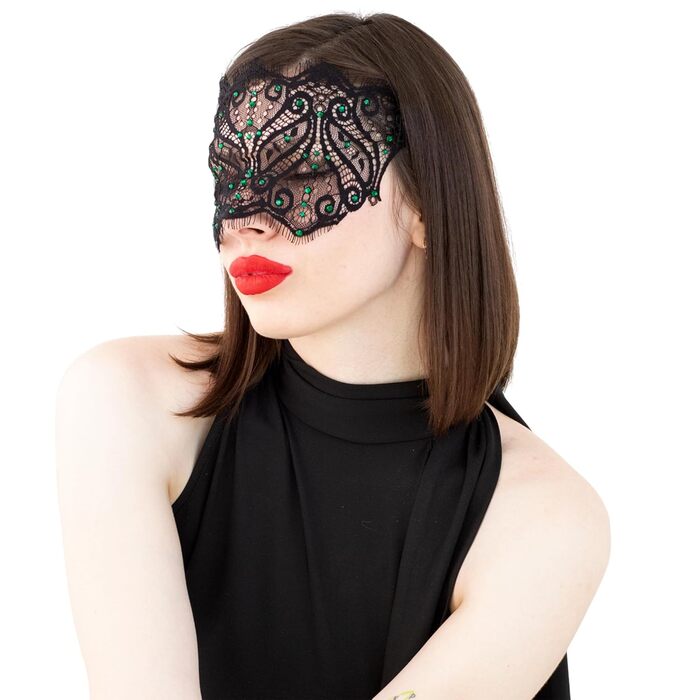 Чорна мереживна маска для жінок з кристалами - елегантна венеціанська маска для карнавалу, вечірки в готичному стилі, косплею, свята - ручної роботи (чорний колір, зелені стрази)