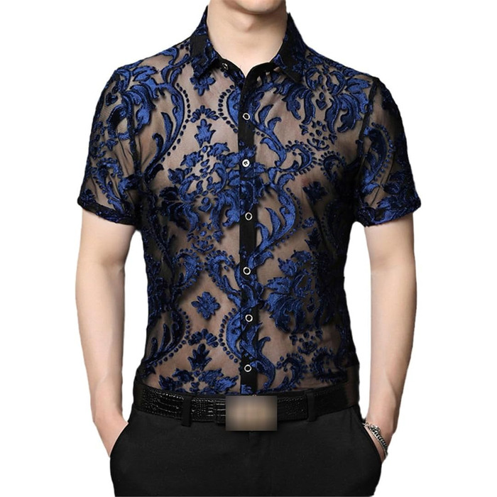 Чоловіча прозора сорочка з квітковою вишивкою EN8 (L, 7713 Blue)