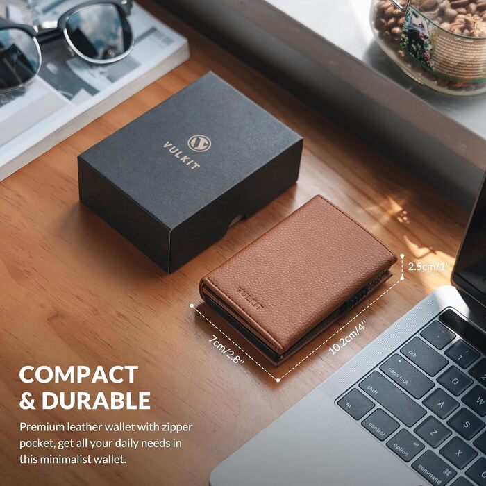Шкіряний гаманець-картхолдер VULKIT з RFID-захистом, Pop-Up системою, відділенням для купюр, монет та вікном для ID (Sepia)