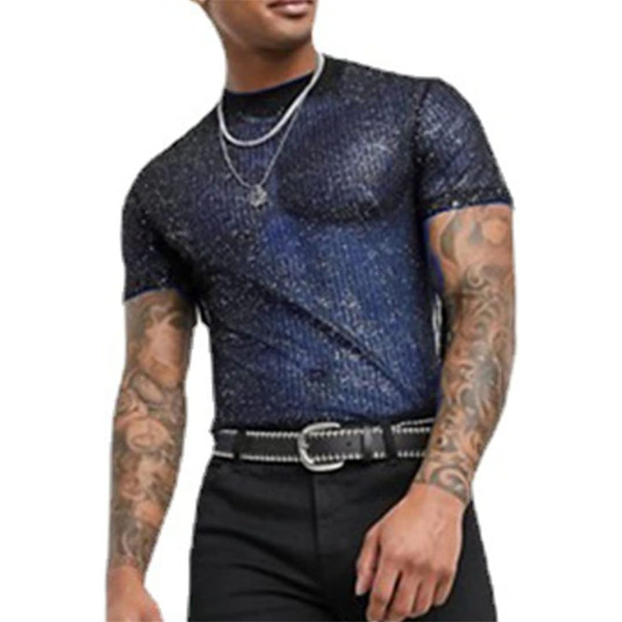 Чоловіча футболка з паєтками, мереживо, прозора, чорна - для вечірок та клубів